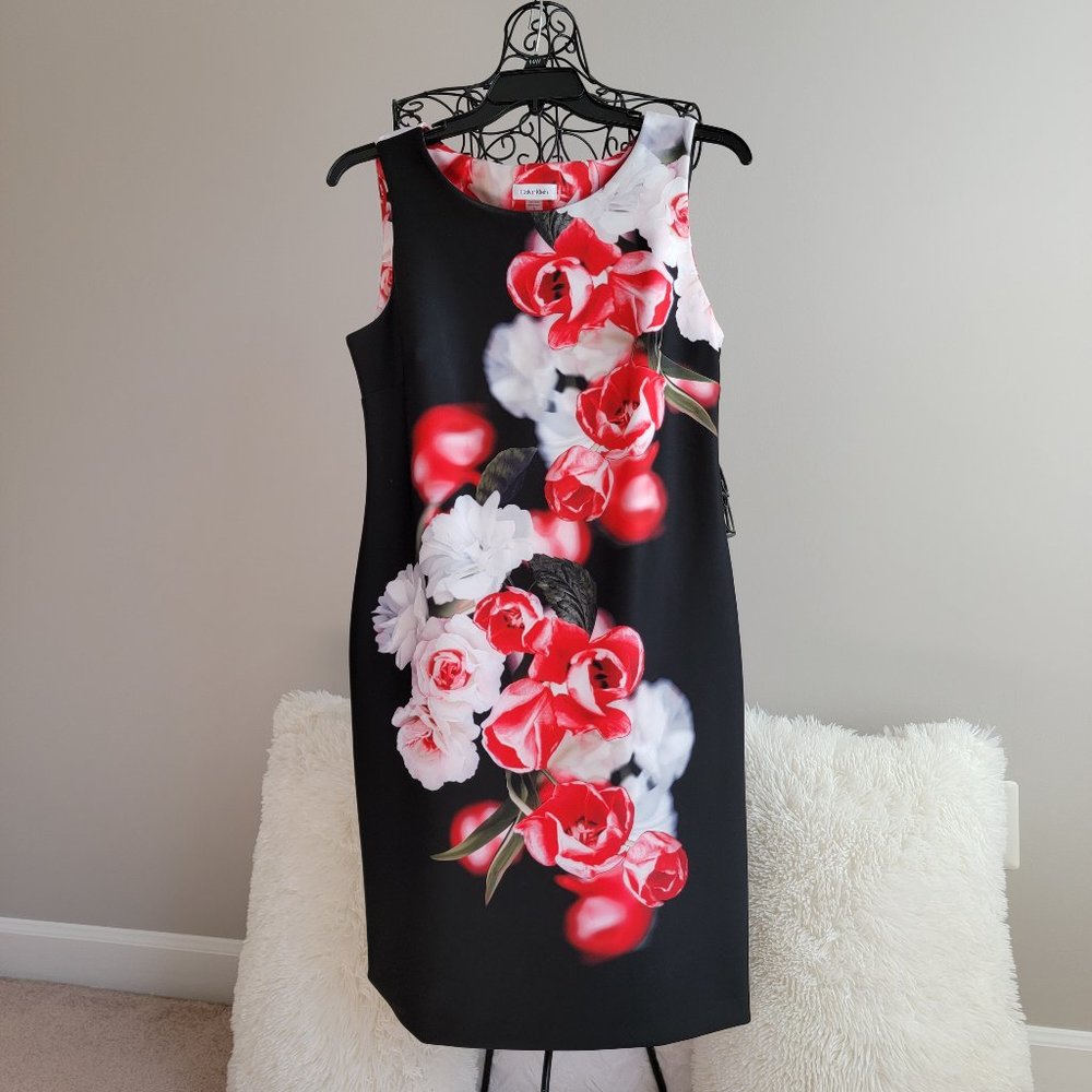 EUC Calvin Klein Smoothing Sleeveless Black and Red Floral Dress, Size 14